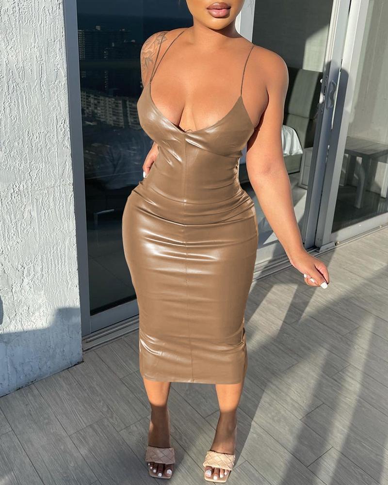 

PU Leather High Slit Backless Plunge Midi Dress, Khaki