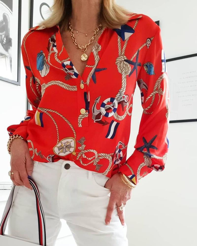 

Boat Anchor Scarf Print Lantern Sleeve Shirt, Red