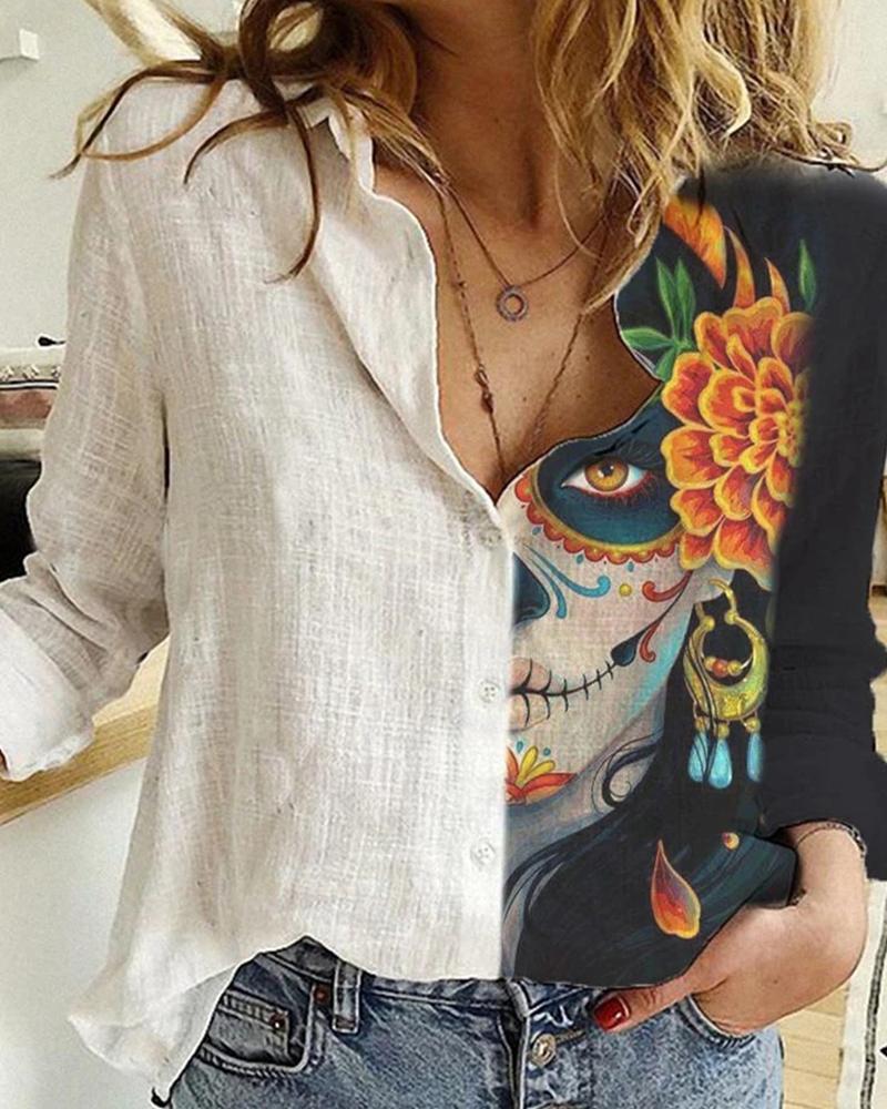 

Halloween Figure Print Colorblock Shirt, White