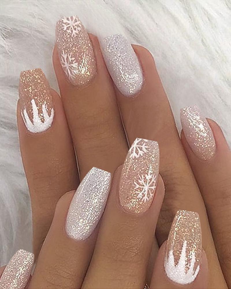 

Snowflake Print Bling False Nail & 1PCS Nail Glue, Pink