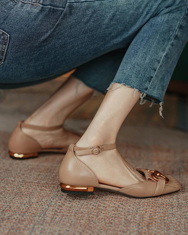 

Square-toe Solid Color Splicing Tassel Chain Flat Shoes, Khaki