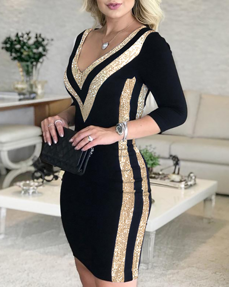 Contrast Sequin V-Neck Bodycon Dress