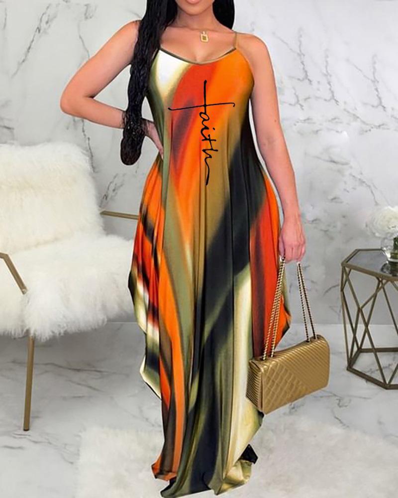 

Letter Tie Dye Print Sleeveless Ruched Maxi Dress, Orange