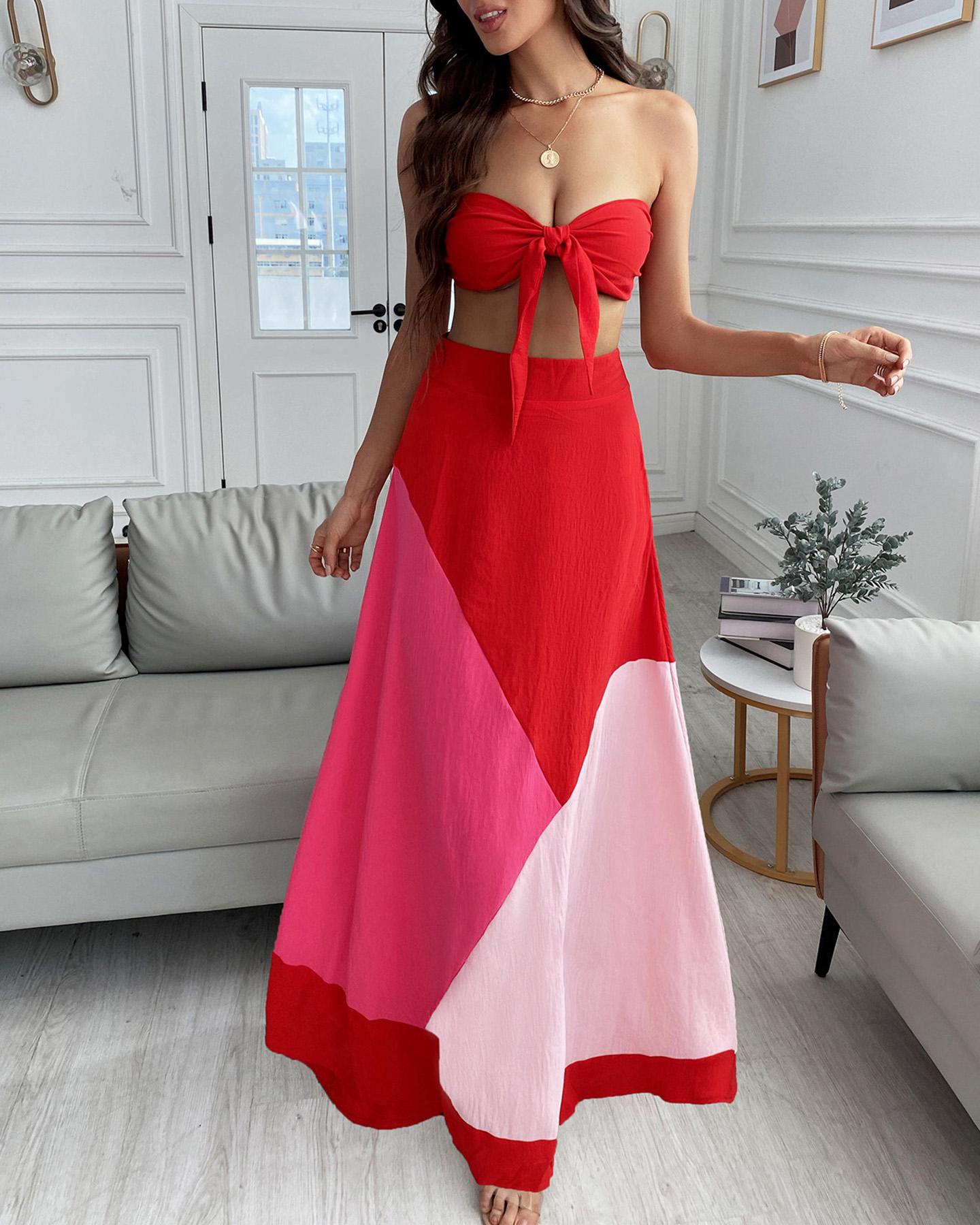 

Plain Knotted Bandeau Top & Colorblock Maxi Skirt Set, Red