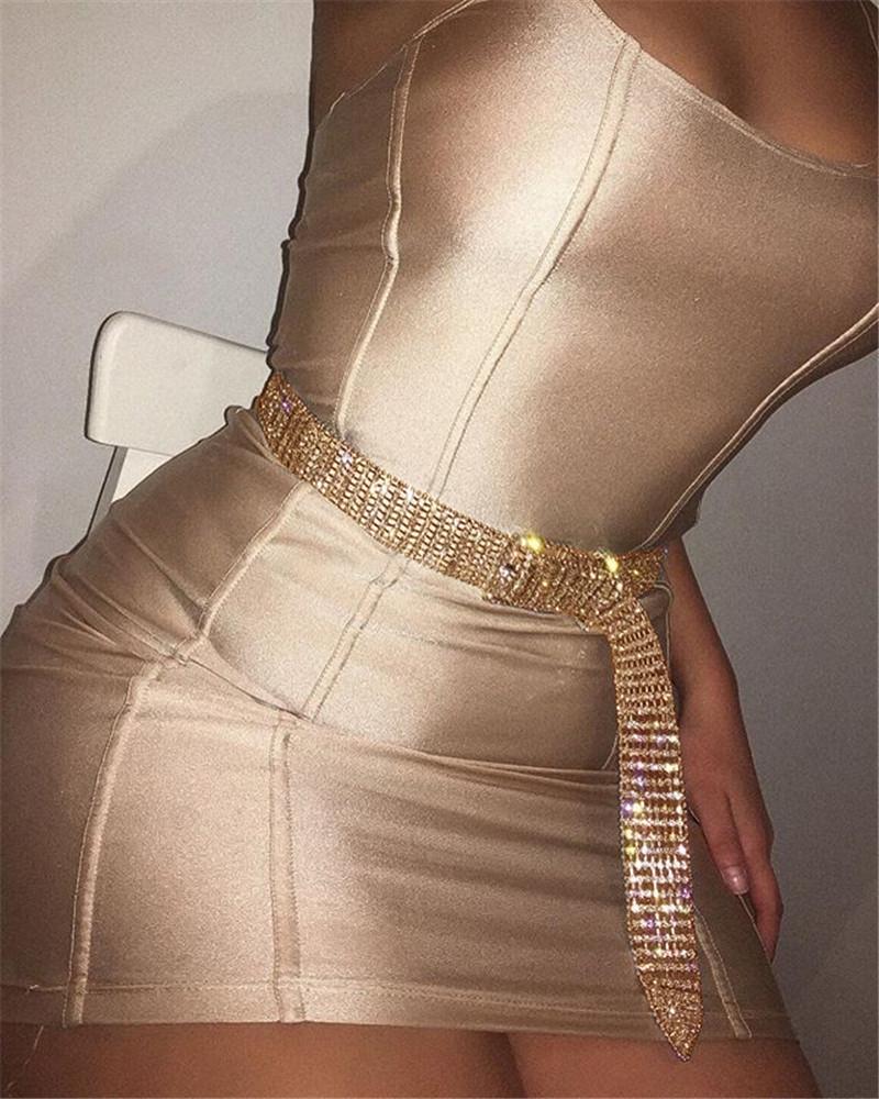 

Allover Rhinestone Bling Waist Buckled Belt, Gold