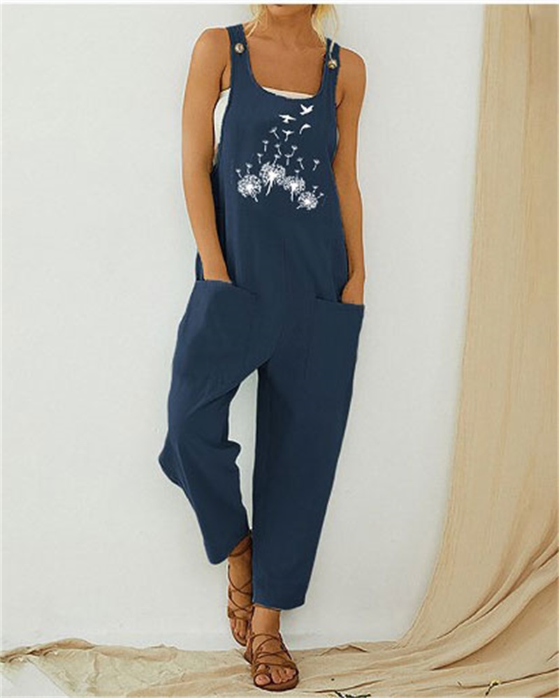 

Dandelion Bird Print Pocket Detail Suspender Jumpsuit, Purplish blue