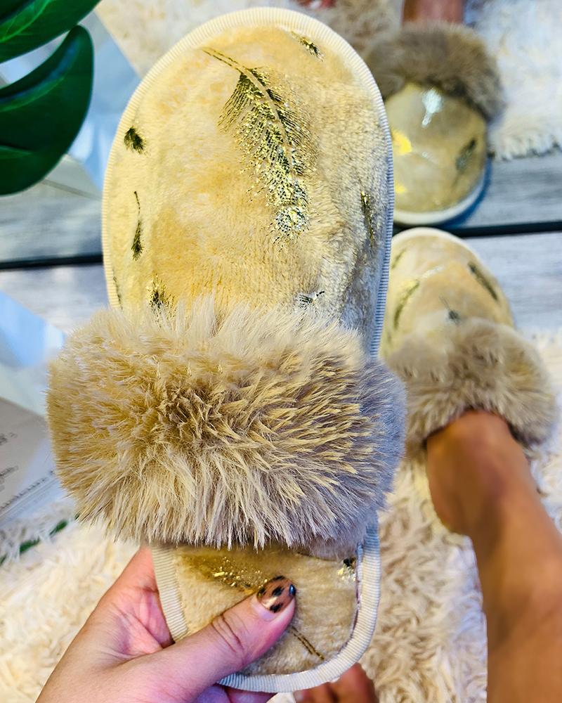 

Feather Embroidery Fuzzy Trim Winter Lined Slippers, Khaki