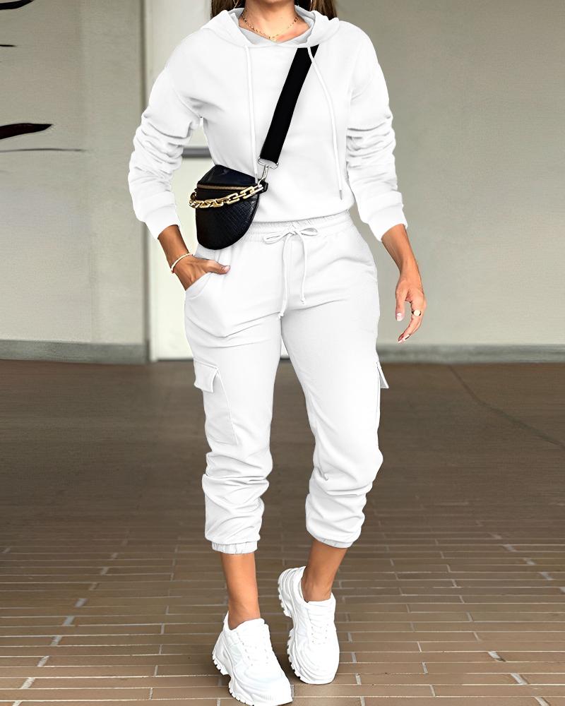 

Long Sleeve Hooded Top & Pocket Design Drawstring Pants Set, White