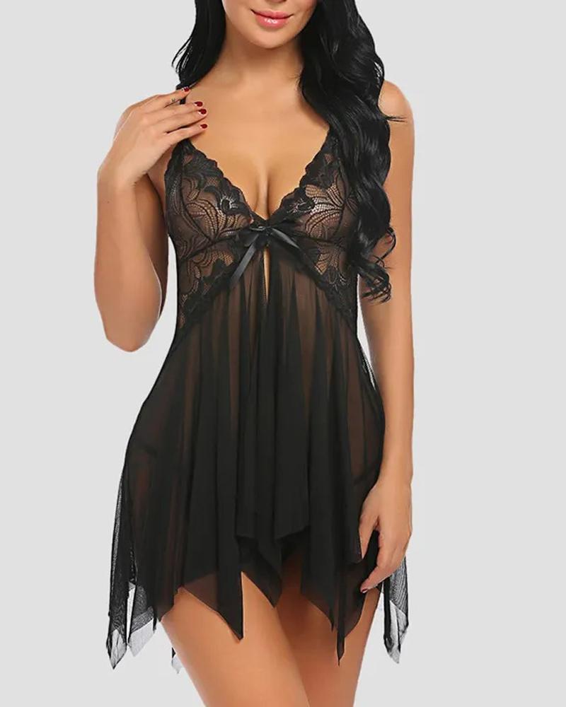 

Contrast Lace Sheer Mesh Asymmetrical Babydoll With Thong, Black