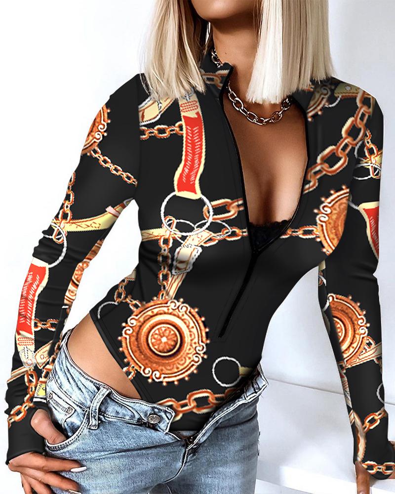 

Chain Print Zip Front Long Sleeve Bodysuit, Black
