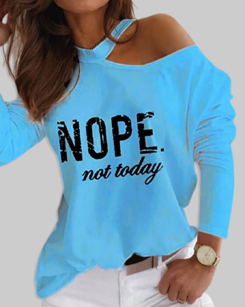 

Cold Shoulder Letter Print Long Sleeve Top, Lighted blue