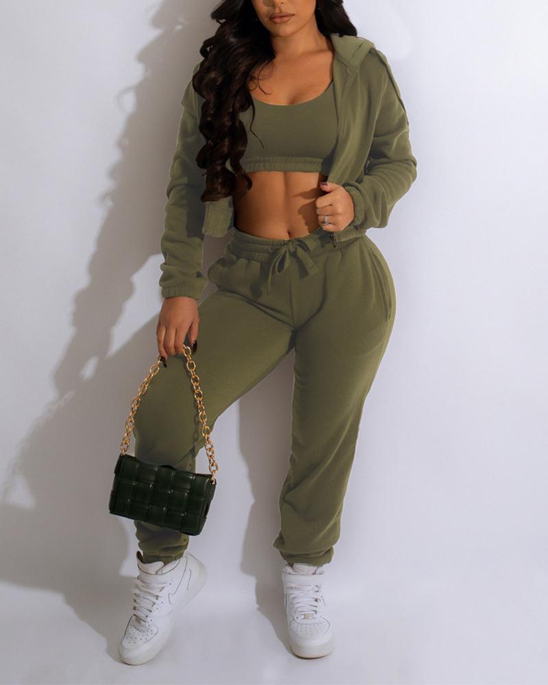 

3PCS Crop Tank Top & Pants Set With Coat, Green