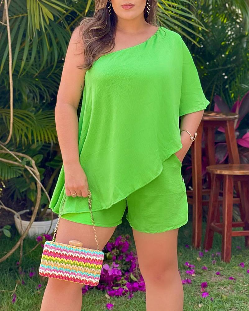 

Asymmetrical One Shoulder Top & Pocket Design Shorts Set, Lvs green