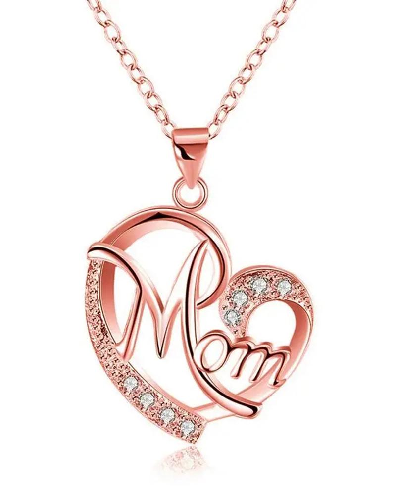 

1pc Mother's Day Gift Fashion Mom Letter Heart Shaped Creative Rhinestone Pendant Necklace, Rose gold