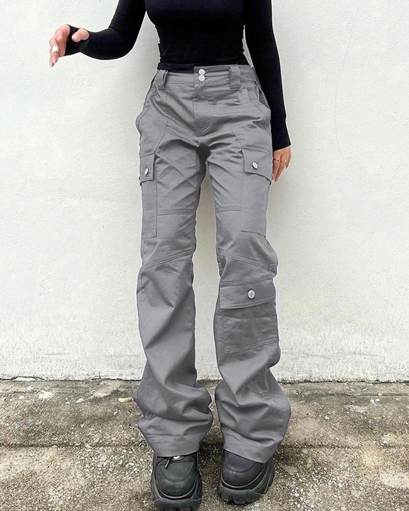 

Pocket Detail High Waist Flared Leg Jeans, Gray