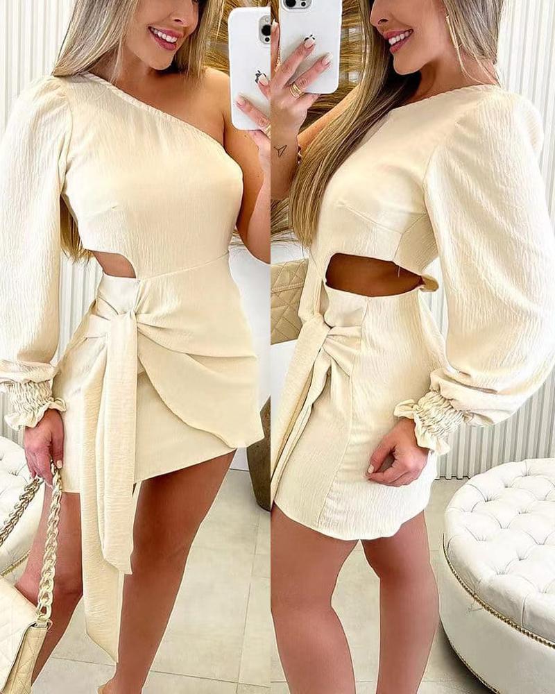 

One Shoulder Cutout Tied Detail Casual Dress, Beige