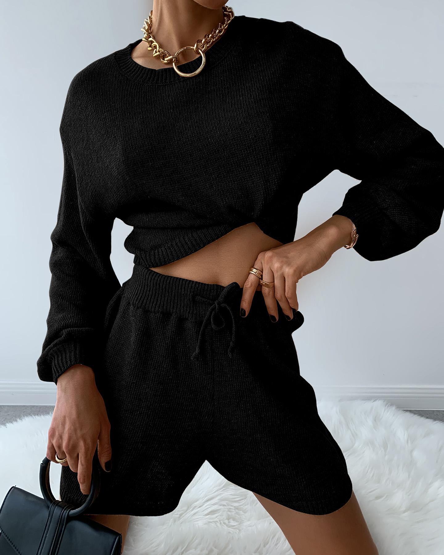 

Knit Long Sleeve Crop Top & Drawstring Shorts Set, Black