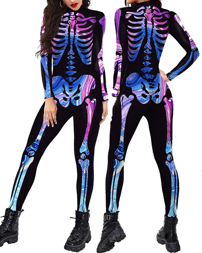 

Halloween Mock Neck Colorful Skeleton Print Costume Jumpsuit, Black
