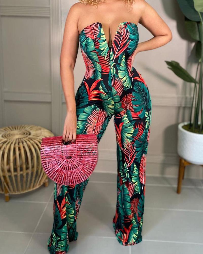 

Tropical Print V-Cut Staight Leg Jumpsuit, Multicolor