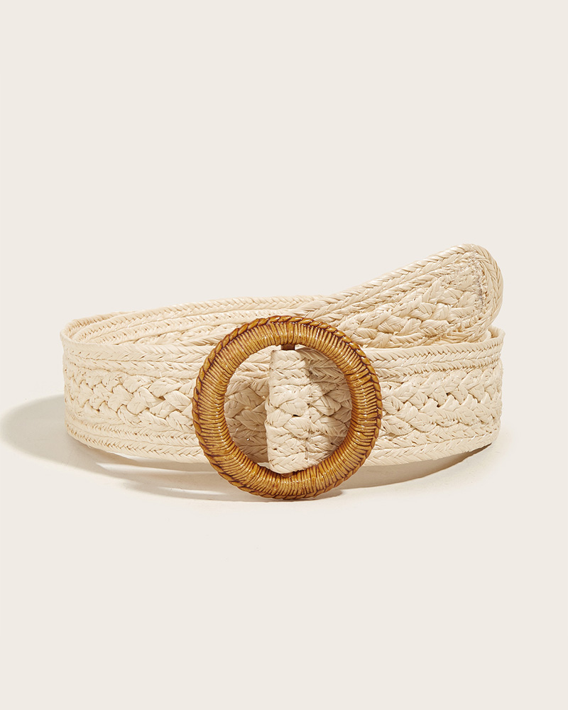 

1pc Round Buckle Straw Belt, Beige