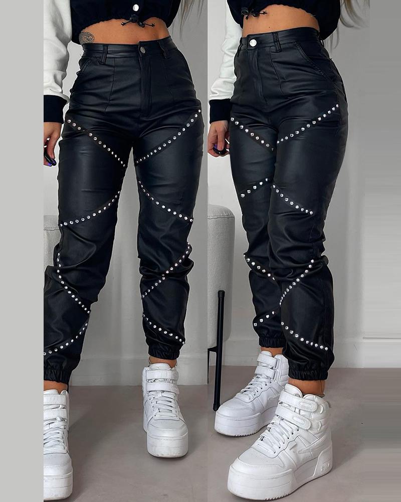 

Studded Tape Patch Cuffed PU Leather Pants, Black