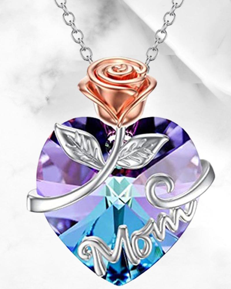 

1pc Mother's Day Rose Mom Letter Pattern Crystal Heart Pendant Necklace, Multicolor