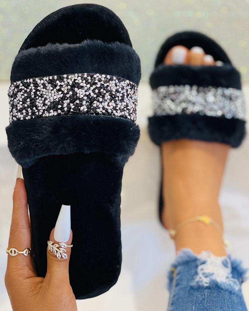 

Rhinestone Patch Peep Toe Fluffy Slippers, Black