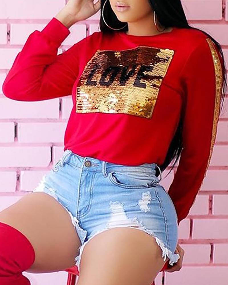 

Sequins Patch Long Sleeve Casual Sweatshirt, Red