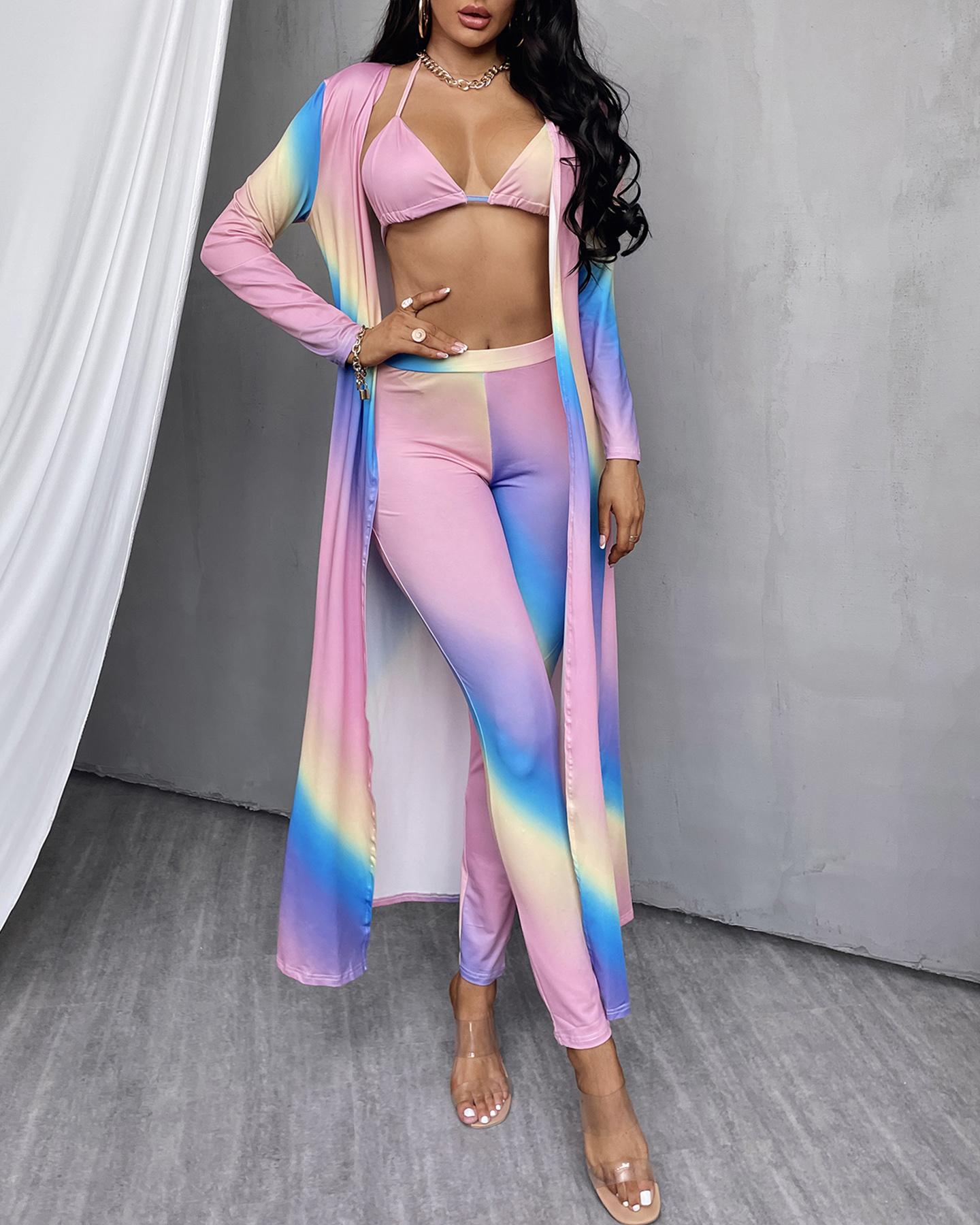 

Ombre Colorblock Halter Bralette & Pants & Cardigan Set, Multicolor