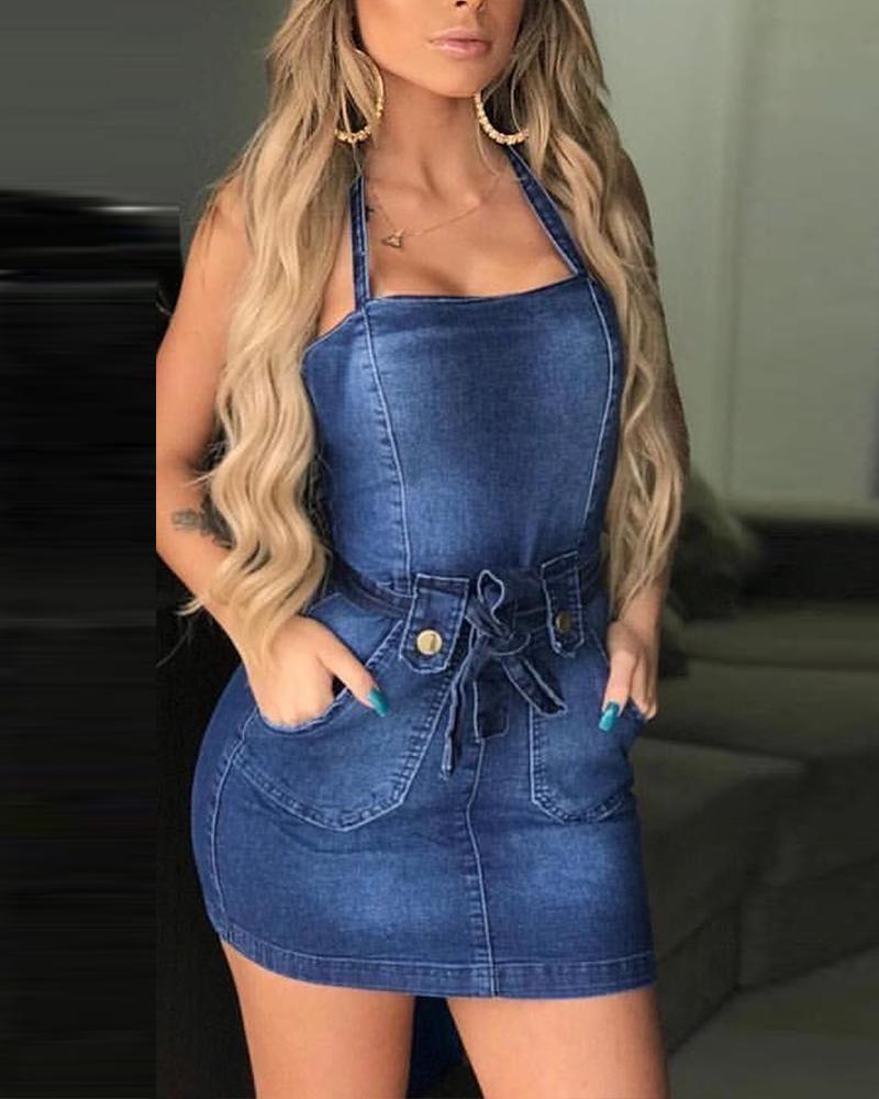 

Halter Pocket Detail Backless Denim Dress With Belt, Blue