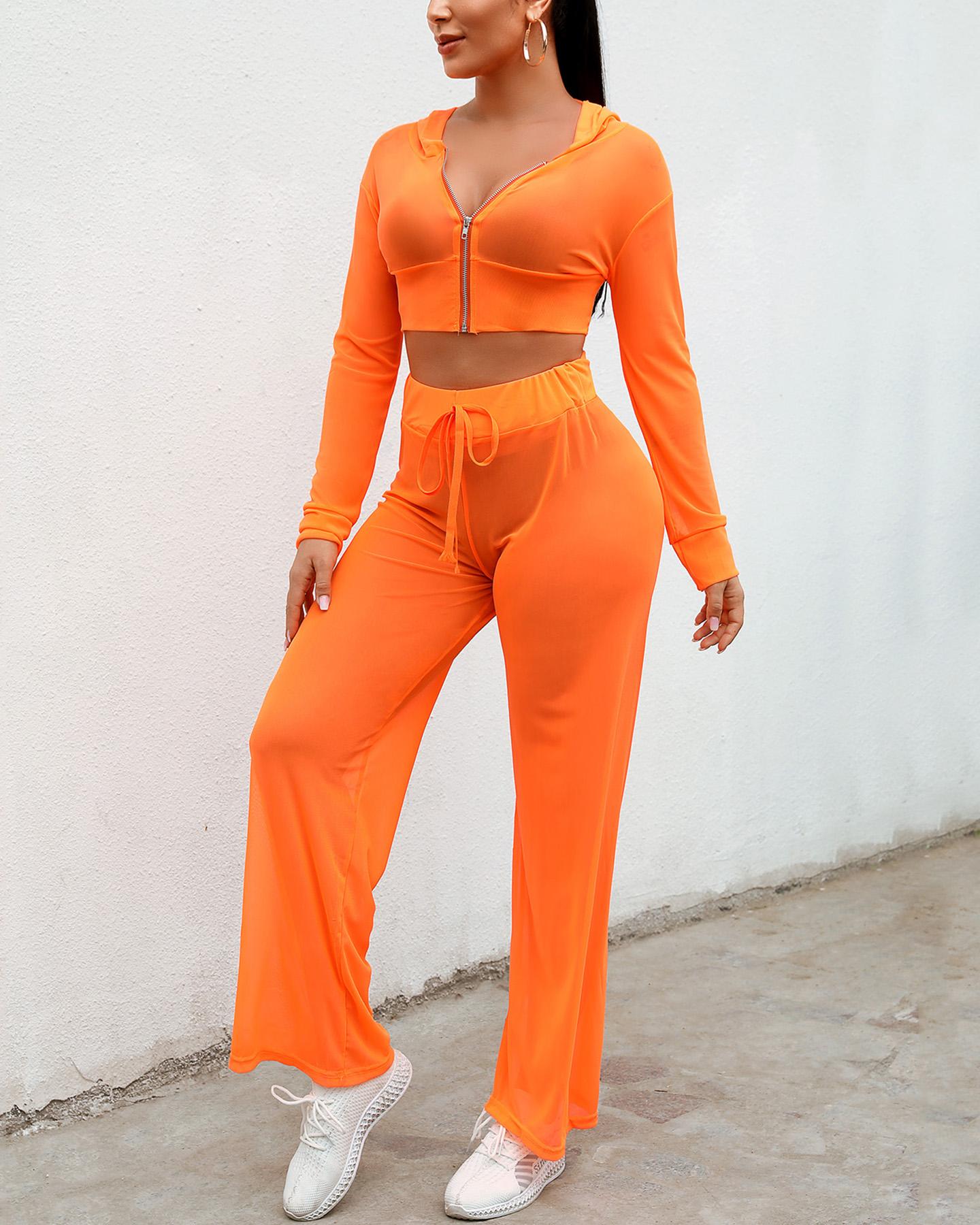 

Sheer Mesh Cropped Hoodie Pantsuit, Orange