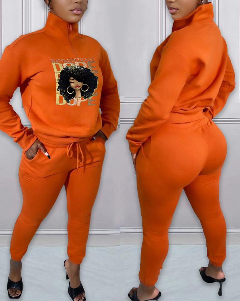 

Figure Letter Print Casual Top & Drawstring Pants Set, Orange