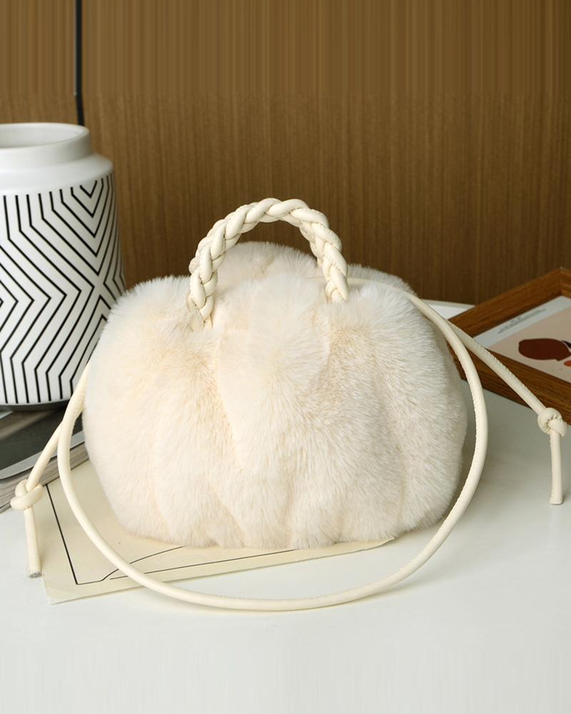 

Fluffy Braided Top Handle Magnetic Shoulder Bag, White