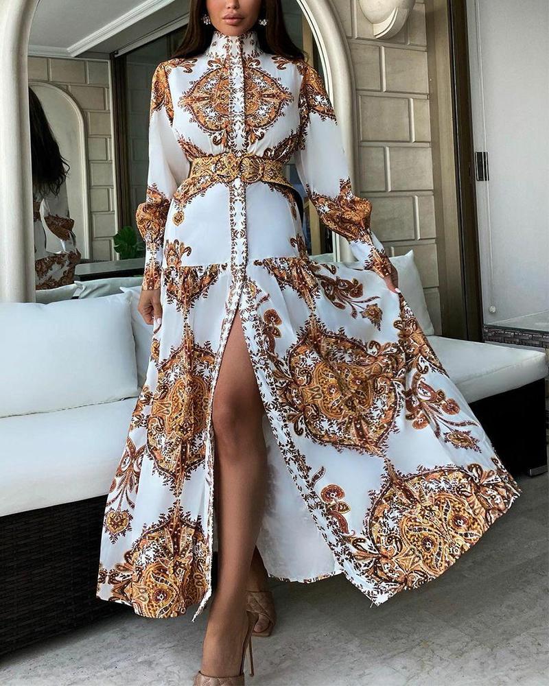 

Scarf Print Button Front Belted Dress Long Sleeve Stand Collar Maxi Dress, White