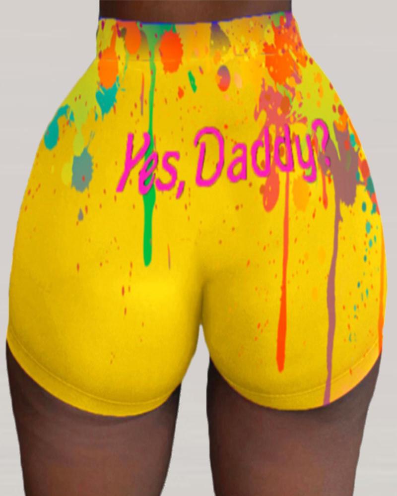 

Brush/Letter Print High Waist Casual Shorts, Yellow