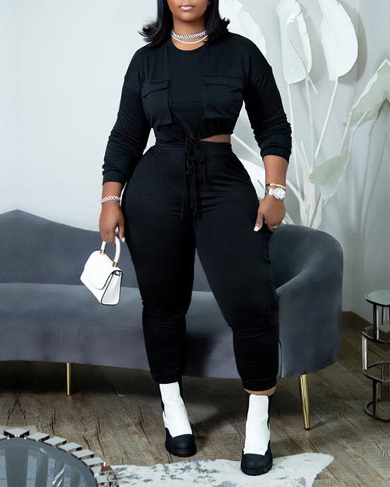 

Plus Size Pocket Design Long Sleeve Crop Top & Pants Set, Black