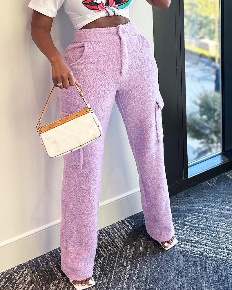 

Fuzzy High Waist Pocket Design Pants, Purple