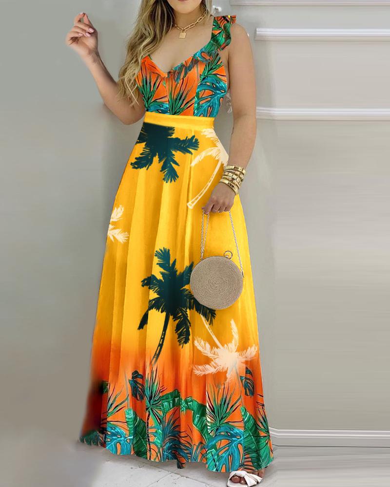 

Tropical Print Ruffle Hem Ruched Maxi Dress, Orange