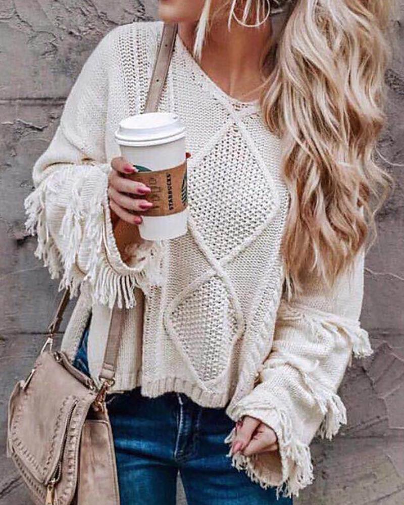 

Tassel Hollow Out Knit Sweater, White