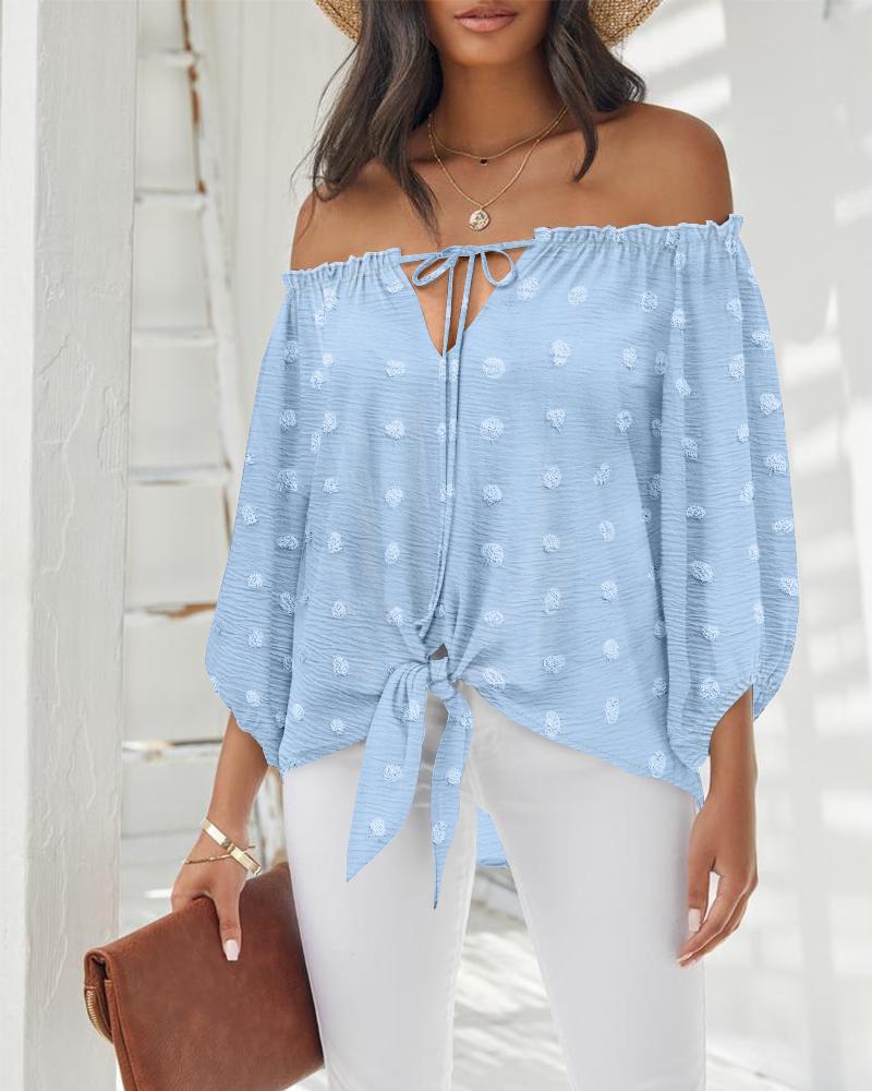 

Jacquard Polka Dot Off the Shoulder Long Sleeve Top Casual Tied Detail Tied Detail Blouse, Blue