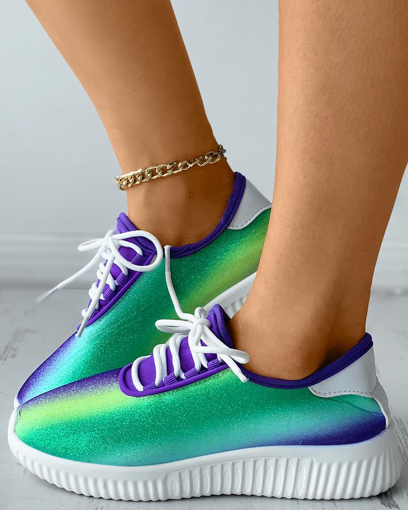 

Colorblock Sequins Lace-up Flatform Sneakers, Purple