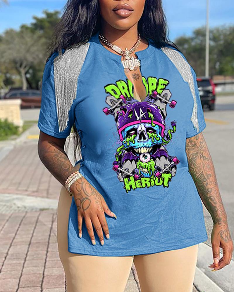 

Side Slit Tassel Cartoon Letter Print T-shirt, Blue