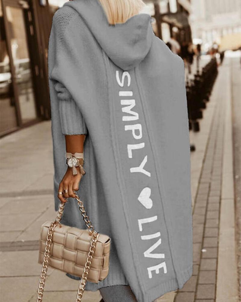 

Letter Heart Print Longline Hooded Cardigan, Gray