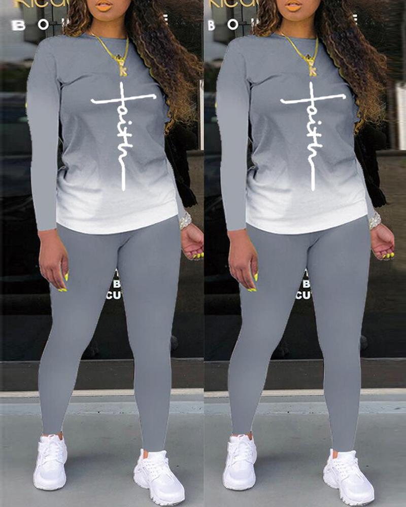 

Faith Ombre Print Long Sleeve Top & Pants Set, Gray