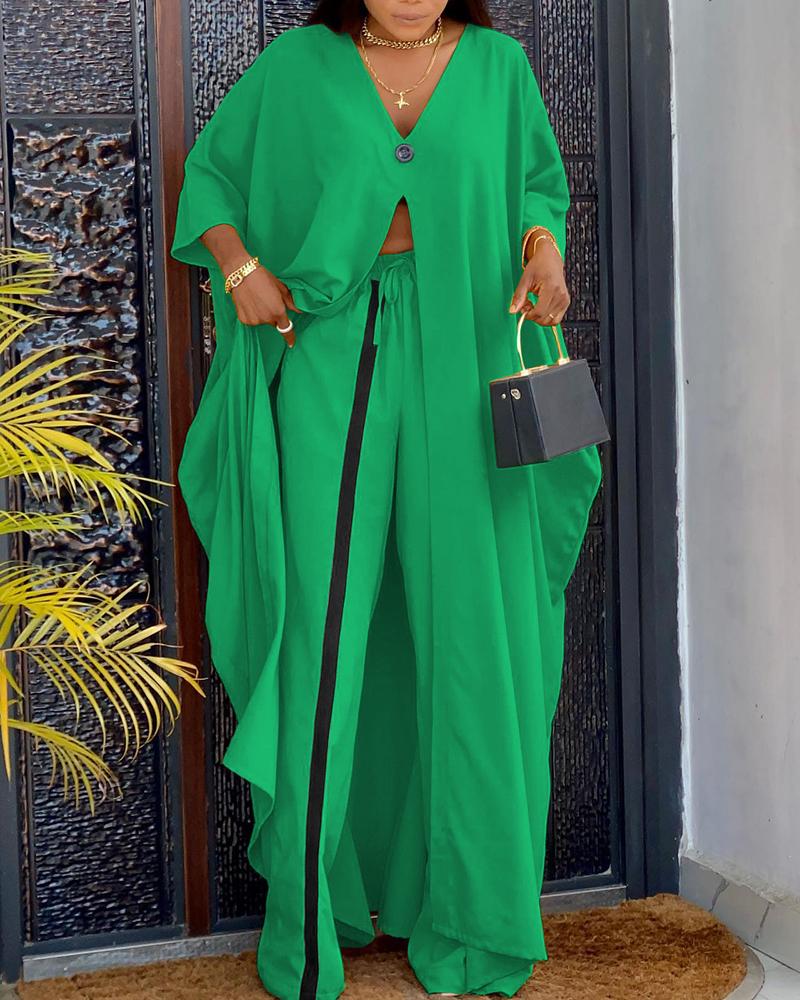 

Long Sleeve Slit Longline Top & Contrast Paneled Pants Set, Green