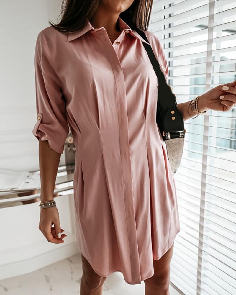 

Plain Long Sleeve Button Design Shirt Dress, Pink