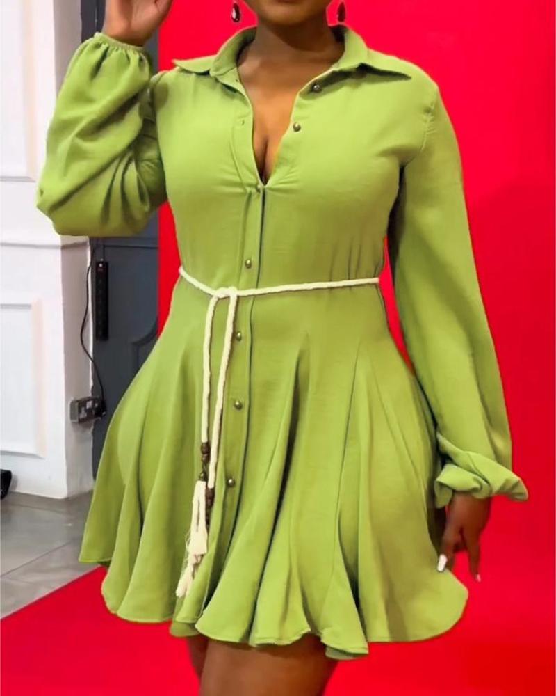 

Buttoned Long Sleeve Ruched Shirt Dress, Green