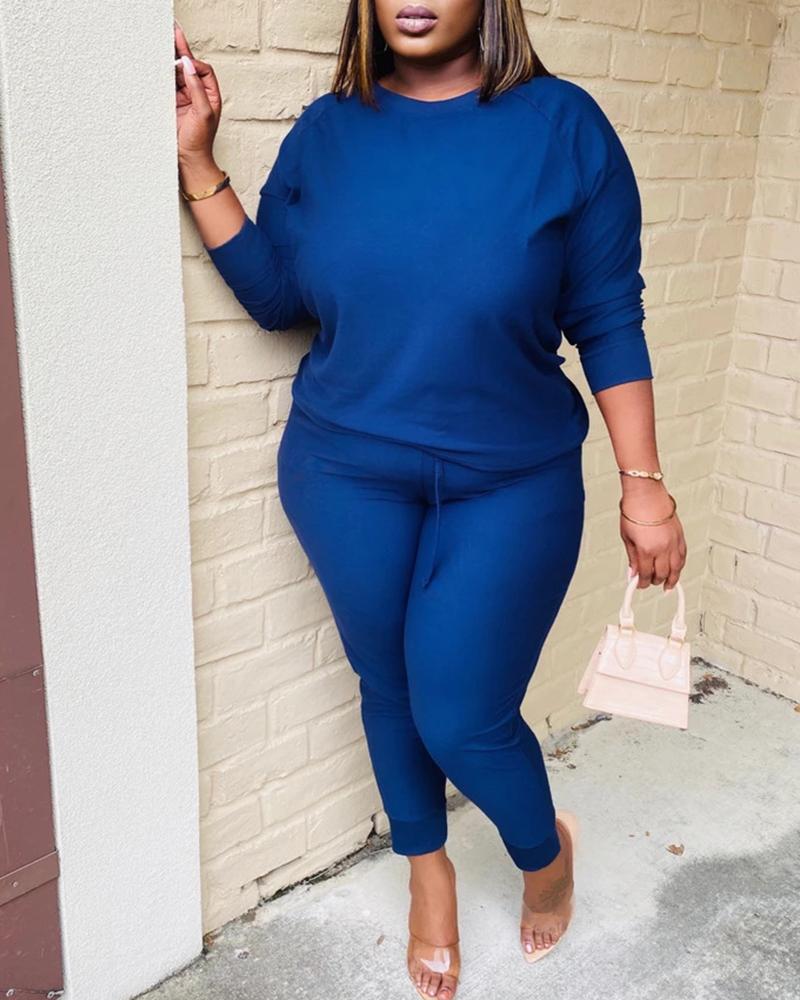 

Solid Long Sleeve Knitted T-shirts With Pants Suit Sets, Blue