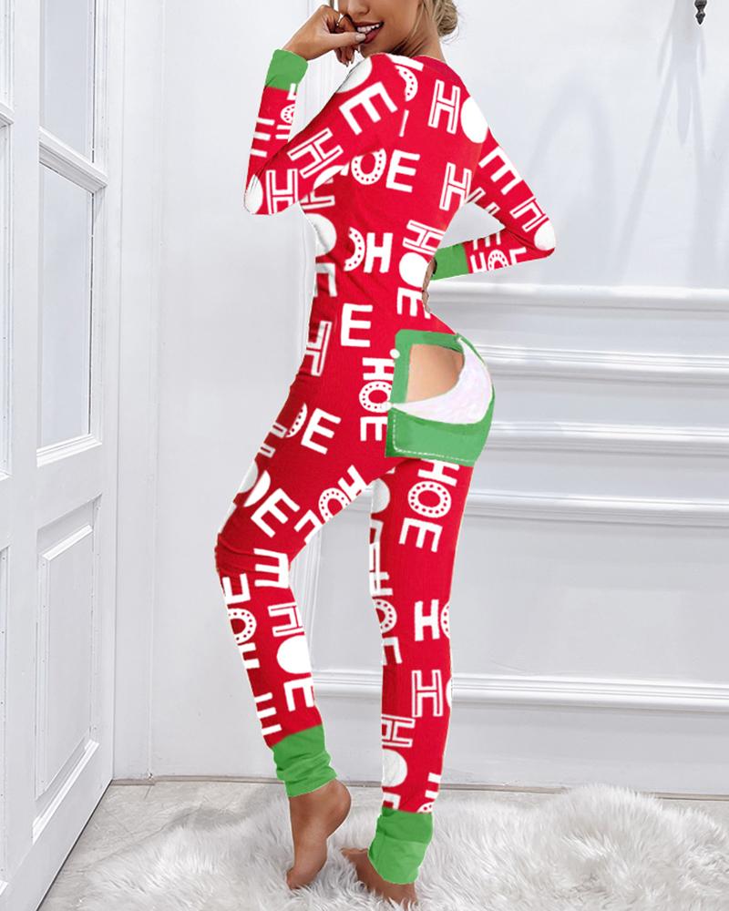 Letter Print Cutout Functional Buttoned Flap Adults Pajamas