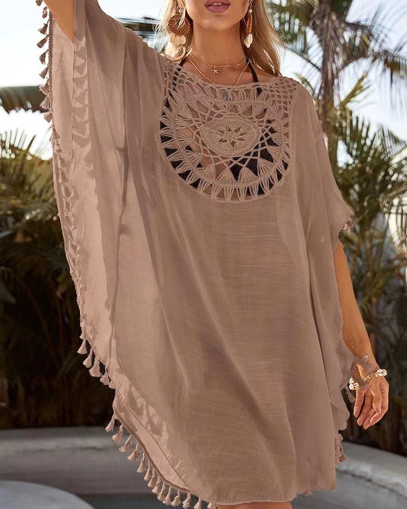 

Tassel Design Batwing Sleeve Geometric Pattern Cover Up Crochet Dress, Khaki